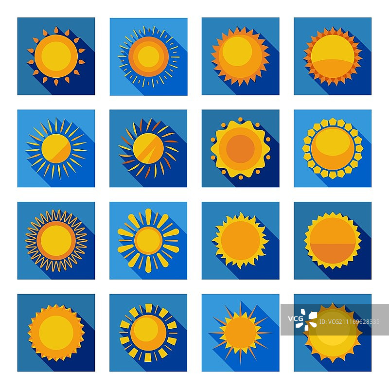 蓝色方块中的太阳扁平图标，橙色和黄色装饰性太阳光束矢量插图图片素材