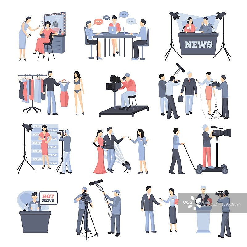 印刷工和操作员图标集。包含记者、新闻工作者、名人和新闻的矢量素材图片素材
