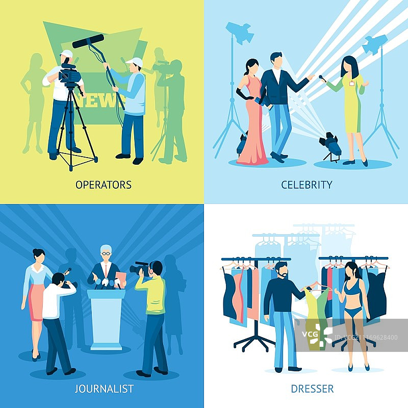 新闻记者概念图标集。新闻记者概念图标集，采访记者操作员矢量图图片素材