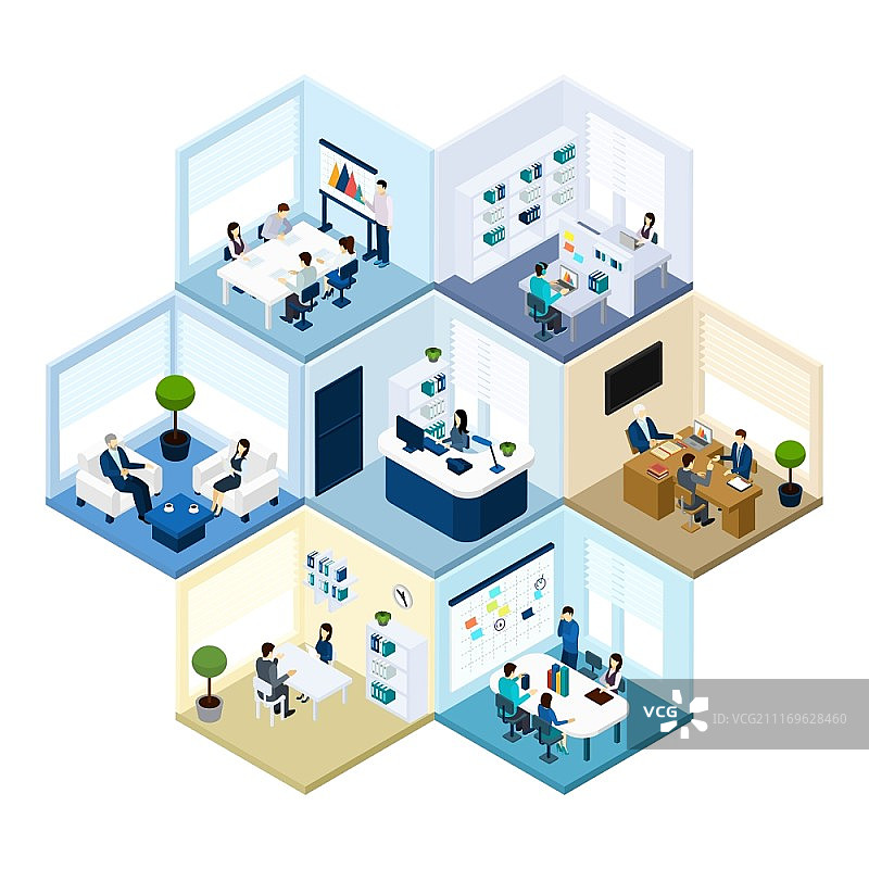 2.5D办公室六边形镶嵌图案等距组合图片素材