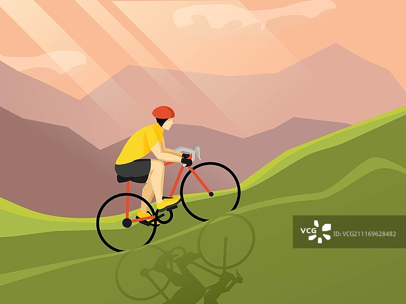 骑自行车者扁平海报：骑车者在山地景观和阳光背景下的矢量插画图片素材