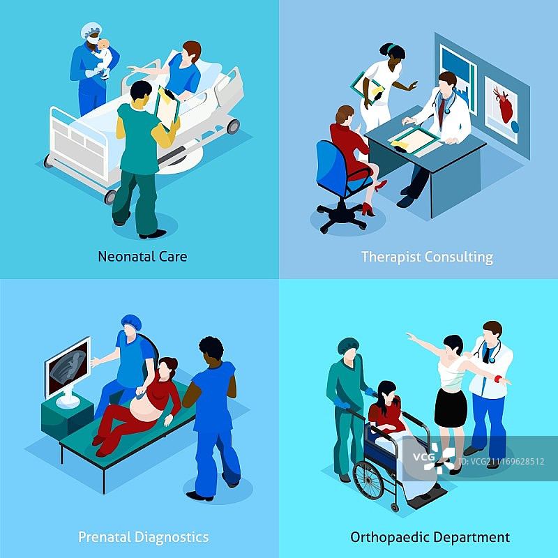 医生患者2.5D图标集：包含新生儿护理、孕期咨询、骨科等矢量图图片素材