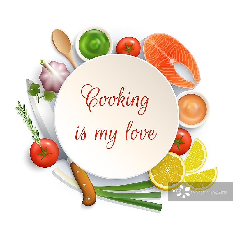 扁平风格烹饪圈组合：对烹饪的热爱，以盘子和刀为中心的食材组合照片矢量插画图片素材