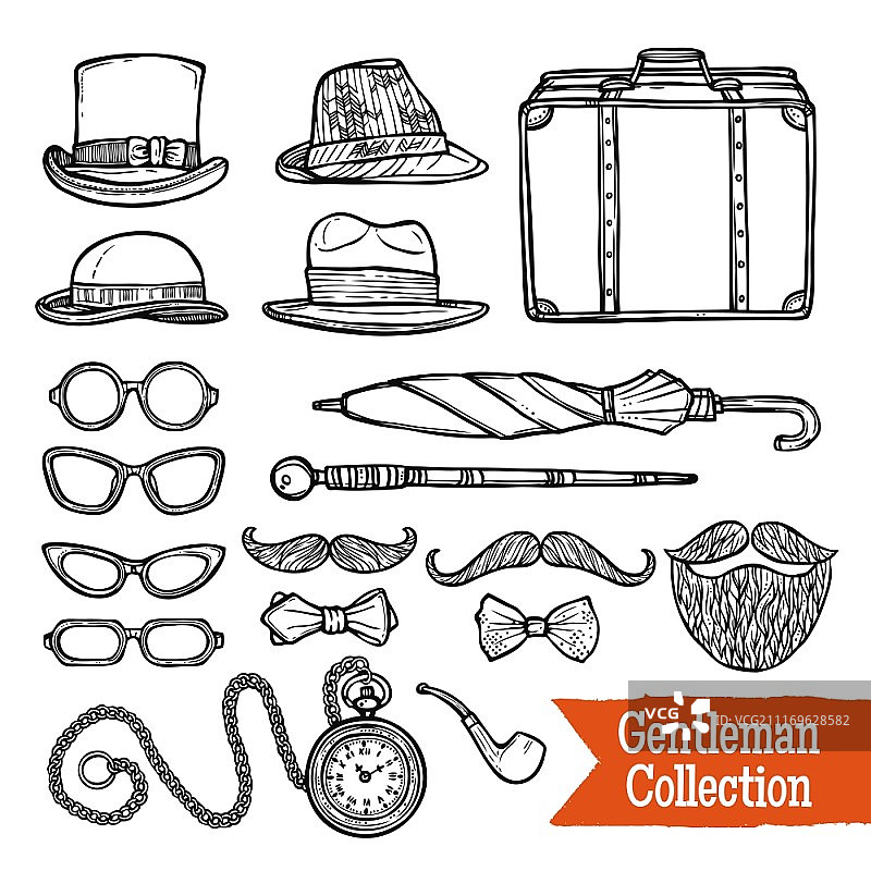 老式绅士配饰涂鸦黑色集合图片素材