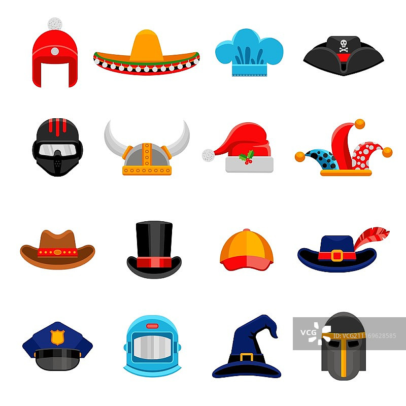有趣的头饰扁平图标合集：派对、历史与职业头饰图片素材