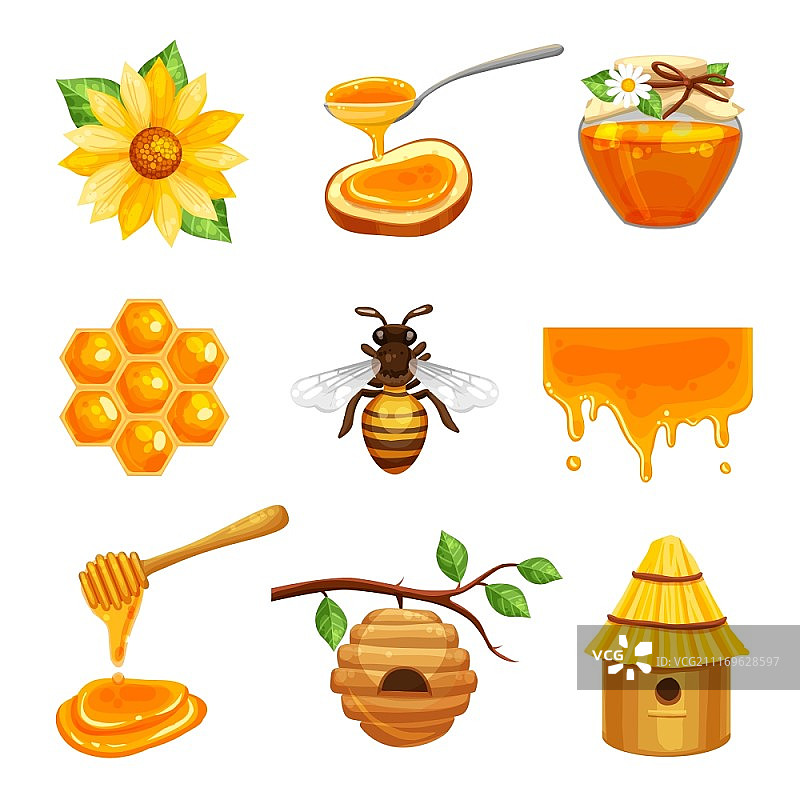蜂蜜隔离图标集：包含养蜂和蜜蜂生活各种元素的卡通矢量插画图片素材