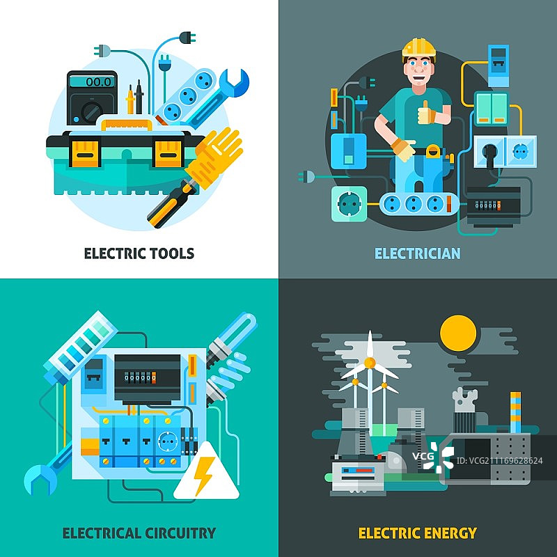 电气概念图标集：包含电气工具和能源符号的扁平化矢量插图图片素材