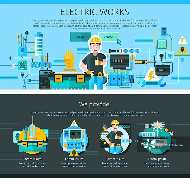 电工单页设计，带广告符号扁平矢量图图片素材