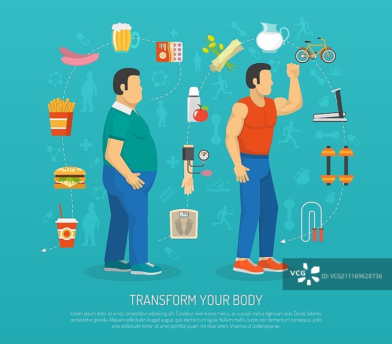健康与肥胖插图：通过锻炼和饮食改变肥胖男性身体的彩色插图图片素材