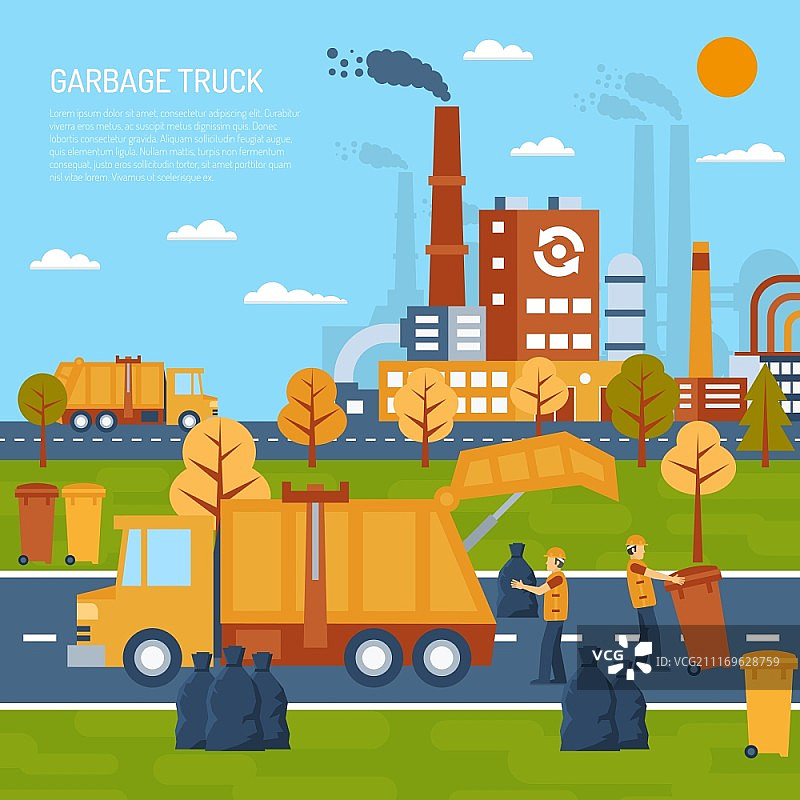 垃圾车概念设计：带标题和信息栏的垃圾车彩色插画矢量图图片素材