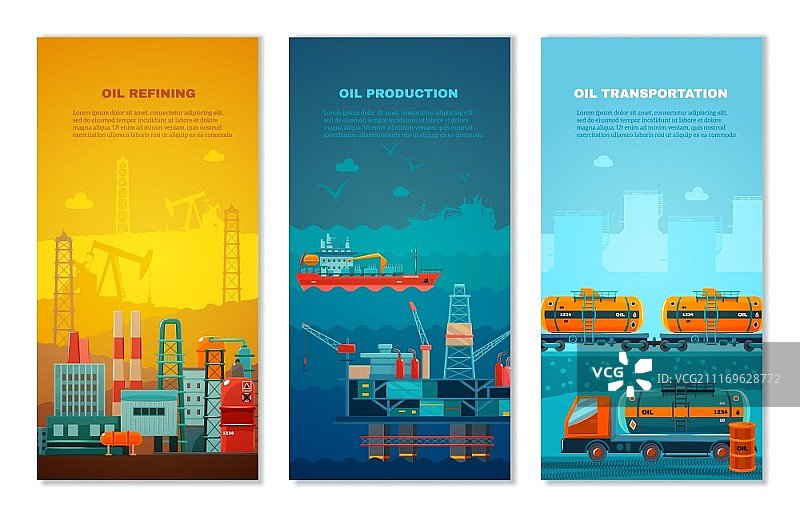 石油工业竖版banner：石油开采平台及油罐车矢量图图片素材