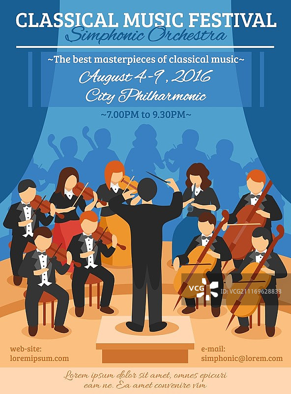 古典音乐节海报：交响乐团音乐家与指挥矢量插画图片素材