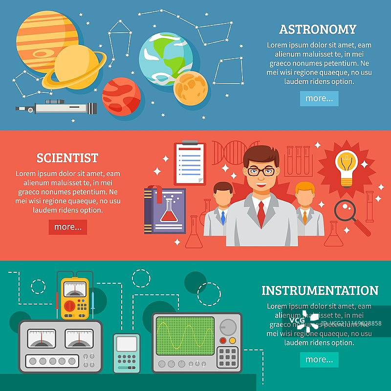 科学3款扁平banner套装：在线天文科学工具和设备信息3款扁平横幅网站设计抽象独立矢量图图片素材