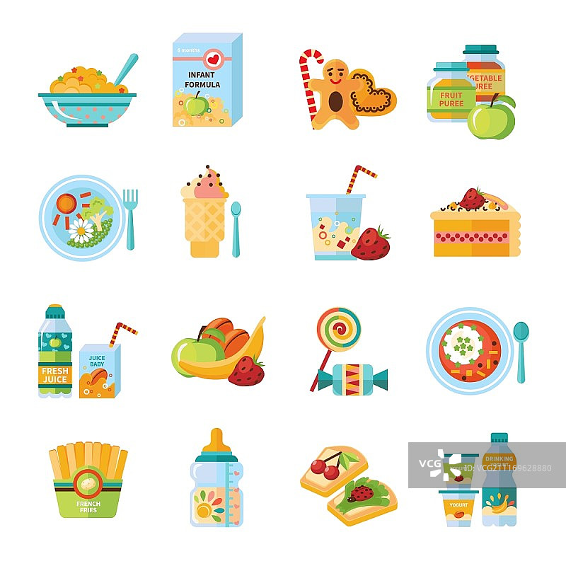 婴儿食品扁平图标集图片素材