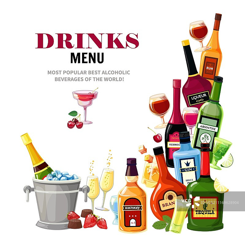 酒吧饮品单扁平海报：含龙舌兰酒的酒精饮料组合矢量插画图片素材