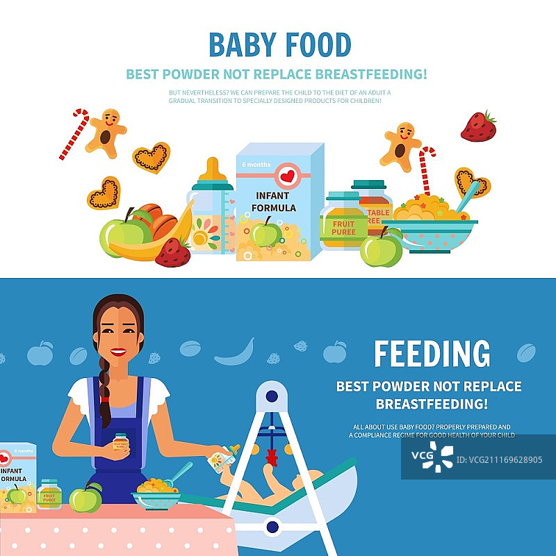 婴儿食品2款扁平banner：最佳配方奶选择和母乳喂养的重要性，为父母介绍婴儿食品的矢量图图片素材