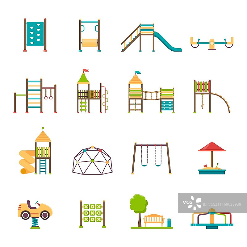 游乐场扁平图标集：包含秋千、旋转木马、滑梯和楼梯等元素的游乐场扁平图标集矢量素材图片素材