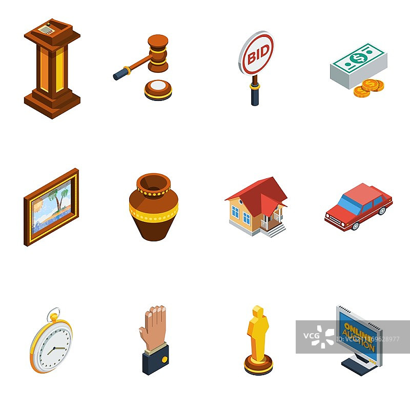 2.5D拍卖图标集。包含不同竞标过程元素的拍卖隔离图标集矢量图图片素材