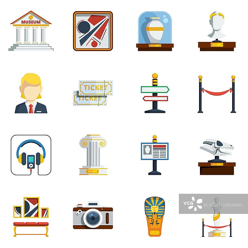 博物馆扁平图标集。包含图片、古董花瓶、标签、雕塑和其他彩色抽象元素的博物馆扁平图标集矢量图图片素材