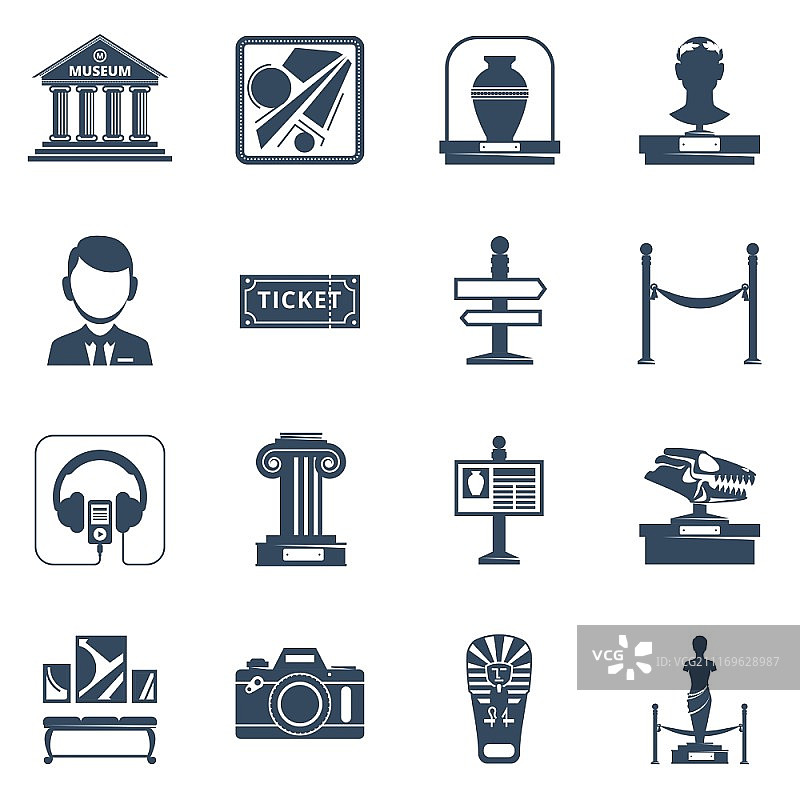 博物馆黑色扁平图标集：博物馆内部展览和特殊标志黑色剪影符号矢量图图片素材