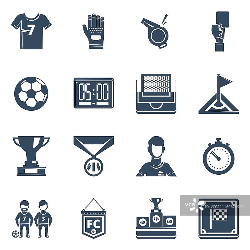 扁平风格足球黑色图标集：包含制服、装备、场地和球员图片素材