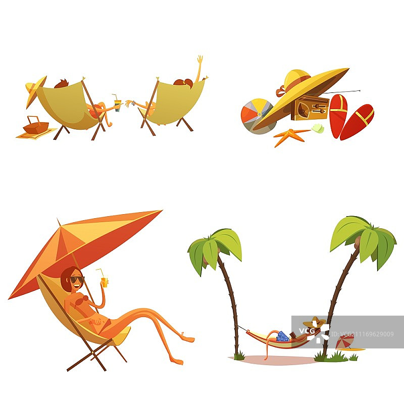 夏季假日卡通图标集：躺椅和棕榈树图片素材