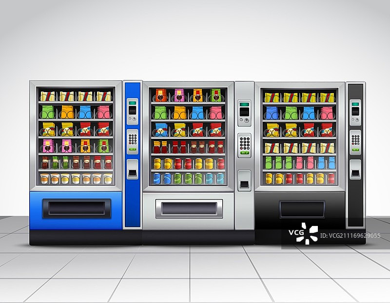逼真风格自动售货机正面图：灰色墙壁瓷砖地板上的食品和饮料图片素材