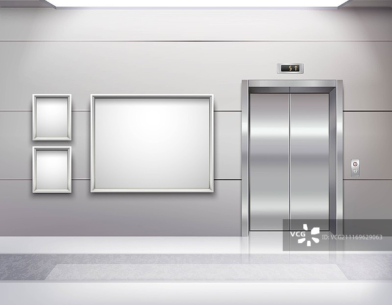 电梯大厅内部：逼真的空电梯大厅内部，配有金属电梯门、大理石地板和荧光灯图片素材