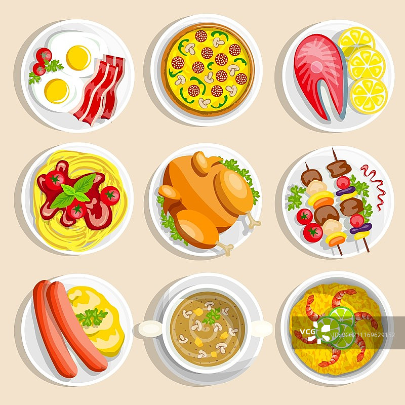 主菜套餐：传统美食晚餐、早餐、鸡蛋、鸡肉、披萨、意面矢量图图片素材