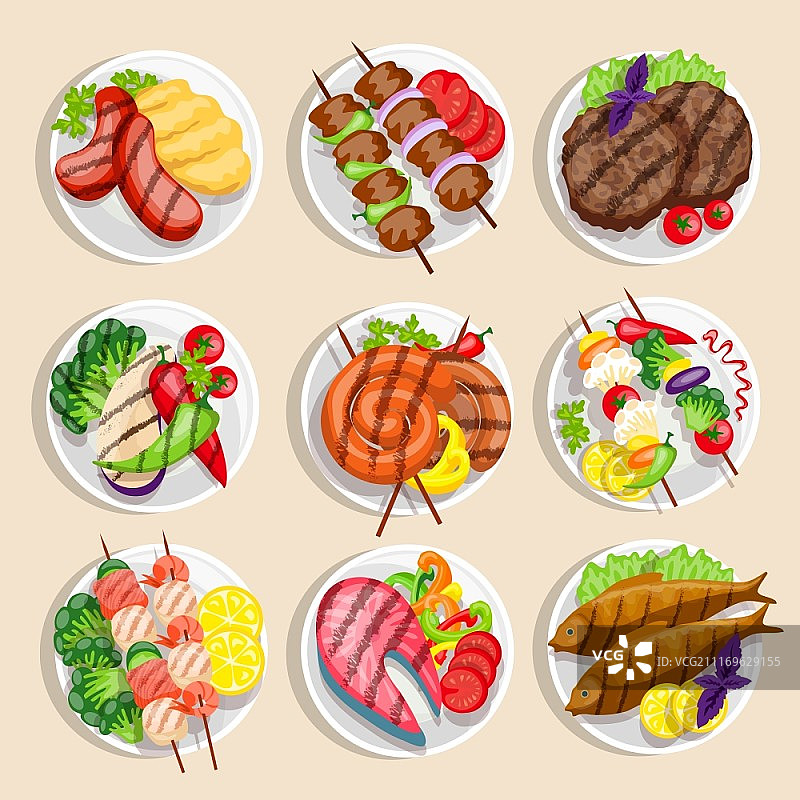 烤肉套餐：烤鱼肉蔬菜拼盘矢量图图片素材