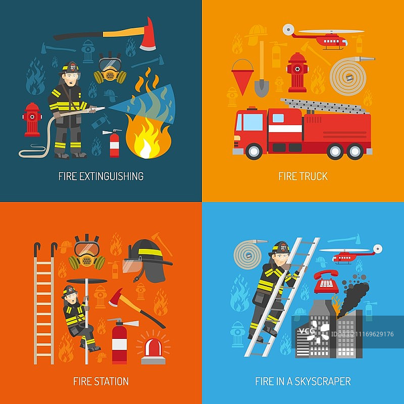 消防员概念：4个扁平图标正方形。消防员工作概念：4个扁平图标正方形构图banner，包含消防站设备抽象独立矢量图图片素材
