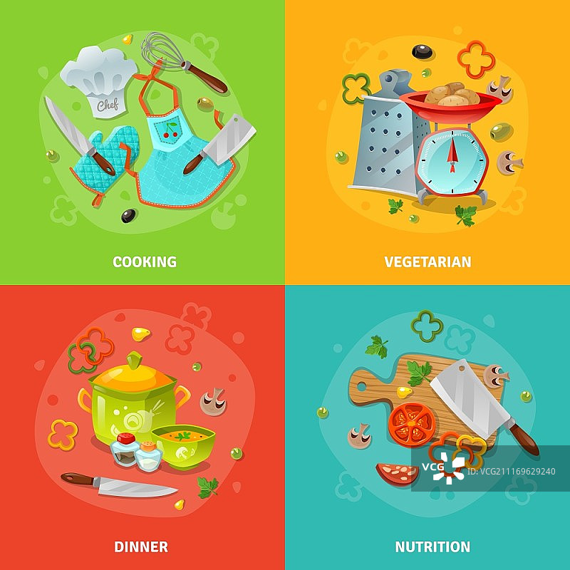 2x2烹饪设计概念：厨师服装、厨房用具和餐桌扁平矢量图图片素材