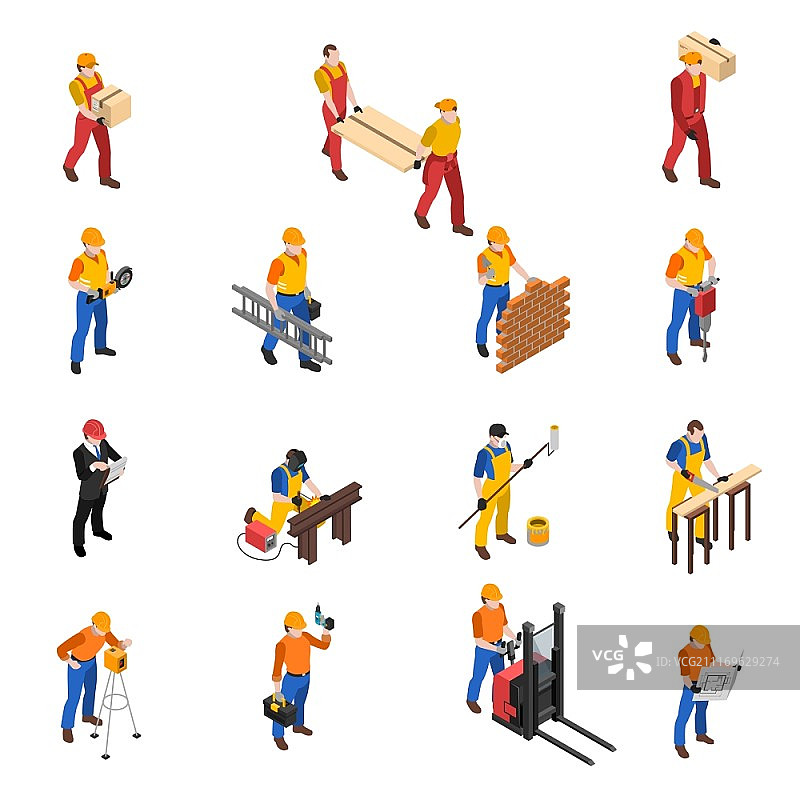 建筑工人等距图标合集图片素材