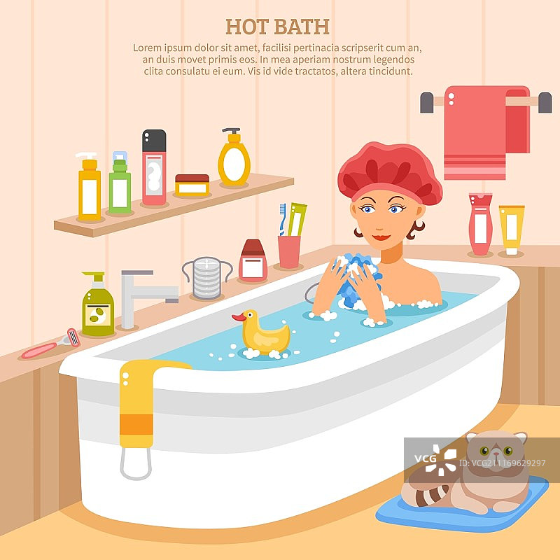 热水浴海报：女人在肥皂水中，猫在地垫上和卫生用品图片素材