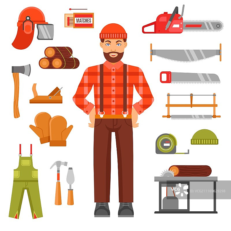 伐木工人装饰扁平图标集：伐木工人头像、木材锯、头盔等矢量图图片素材