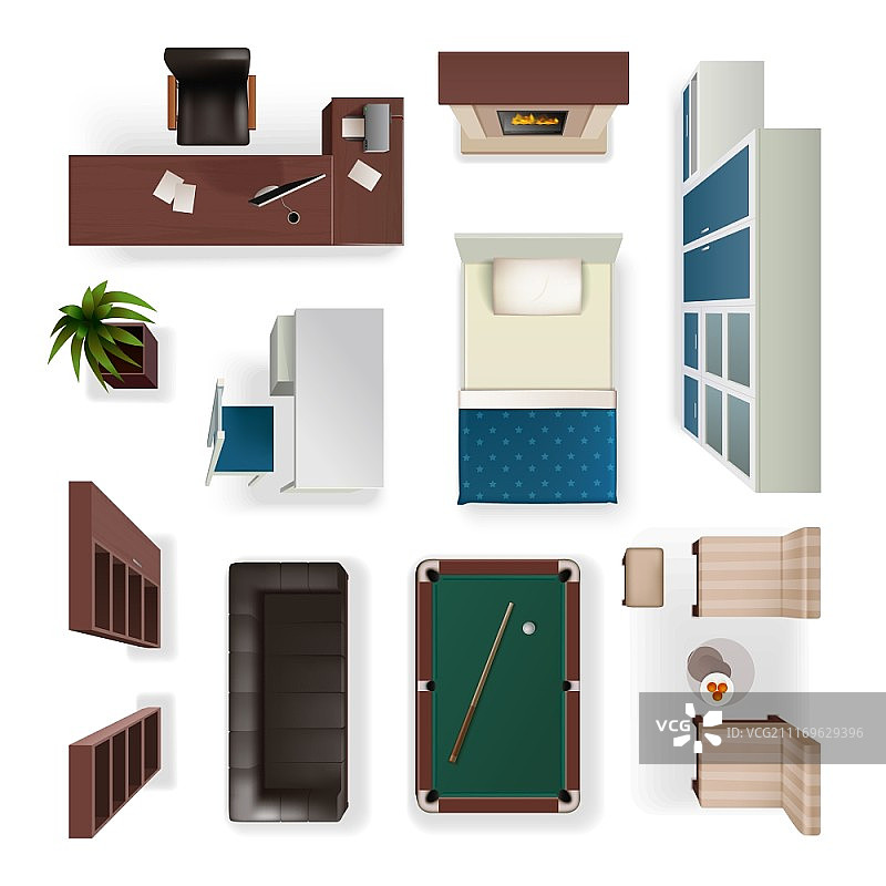 现代室内元素逼真俯视图。现代室内家具，适用于办公室、客厅和卧室，孤立的逼真物体集俯视图，孤立的矢量图图片素材