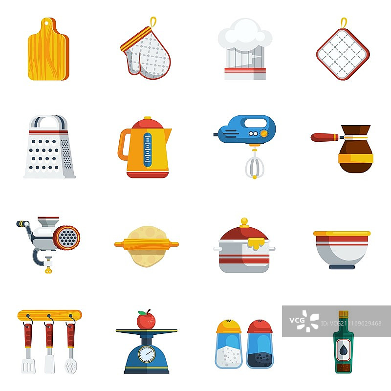 厨房用具图标集。厨房用具矢量图。烹饪扁平符号。厨房用具设计集。烹饪元素集合图片素材