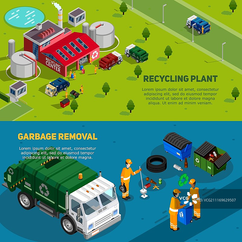 2.5D垃圾banner。两个2.5D垃圾横幅，带有垃圾车、清洁工和回收厂图标，矢量插图图片素材