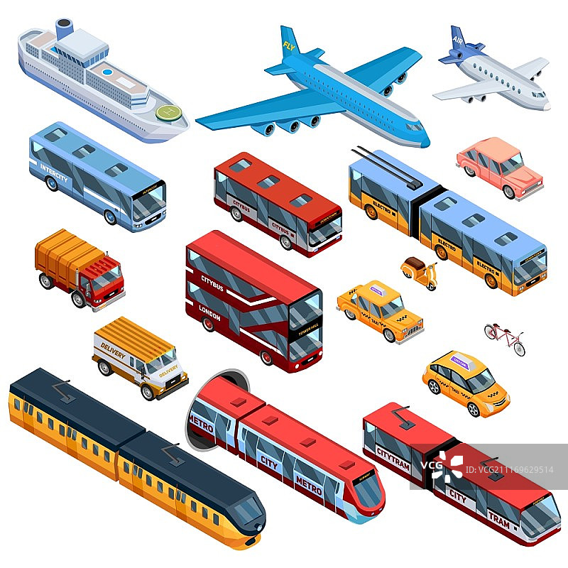 2.5D客运交通等距图标：包含城市巴士、有轨电车、飞机和货运汽车图片素材
