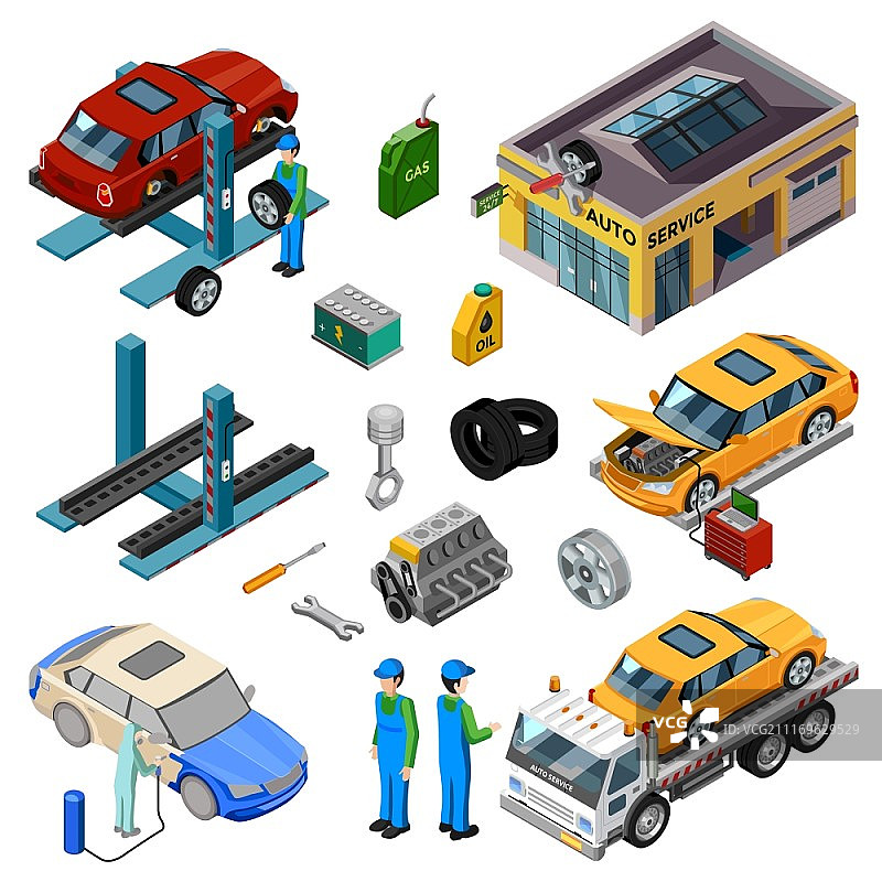 汽车服务等距装饰图标：包含用于维修的车间、拖车、千斤顶、机械工具和工作人员的汽车服务等距装饰图标集矢量插图图片素材