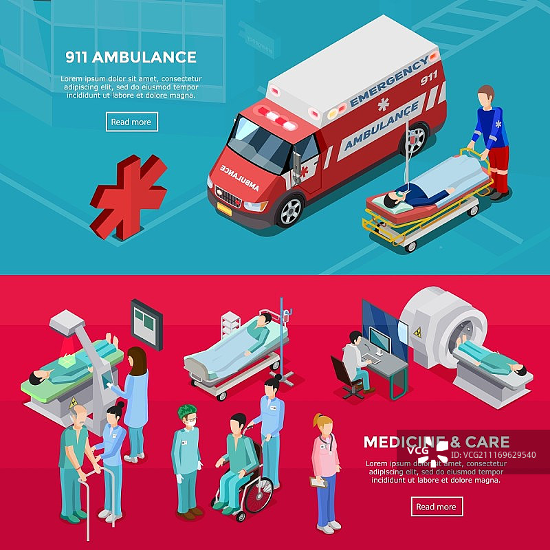 2.5D医院横幅：包含医护人员、诊断设备和救护车图片素材