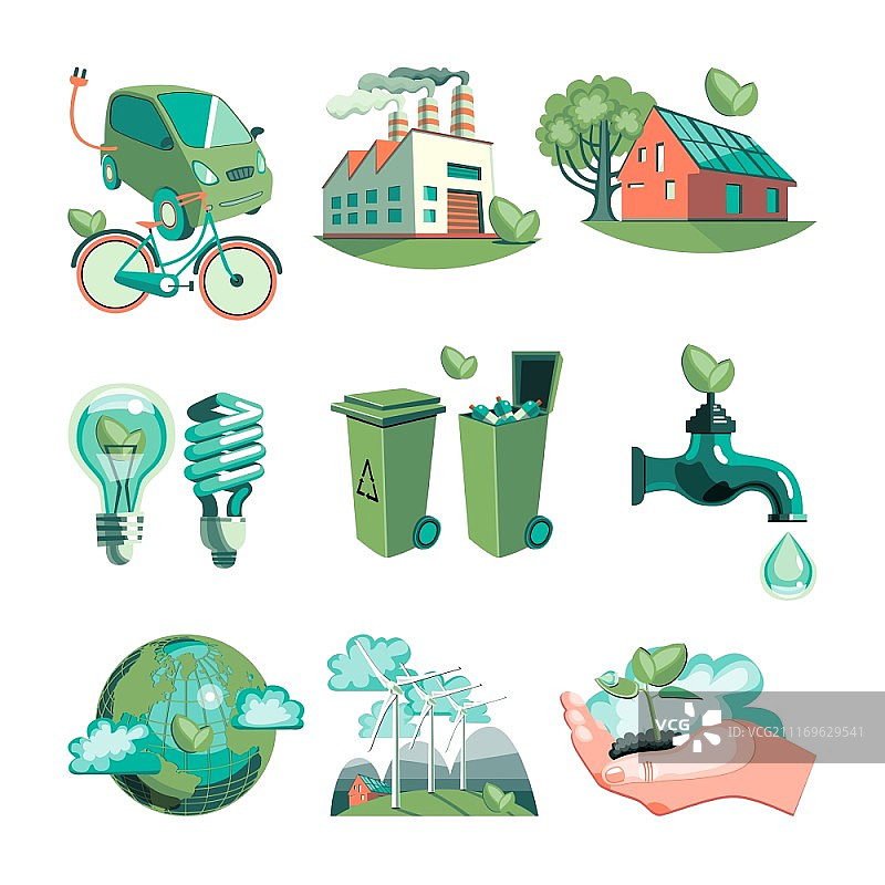 生态装饰图标集。生态装饰图标集与地球，工业，太阳能电池板，清洁水，风力涡轮机，垃圾孤立矢量图图片素材