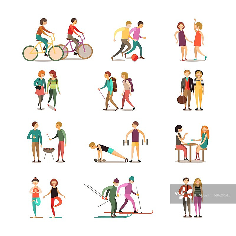 朋友与爱好装饰图标集：徒步、舞蹈、足球、滑雪、烧烤和观光图片素材
