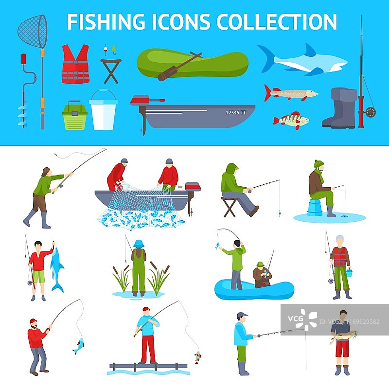钓鱼扁平图标2个横幅套装：渔具和设备扁平图标集与渔民在摩托艇上捕鱼横幅抽象矢量插图图片素材