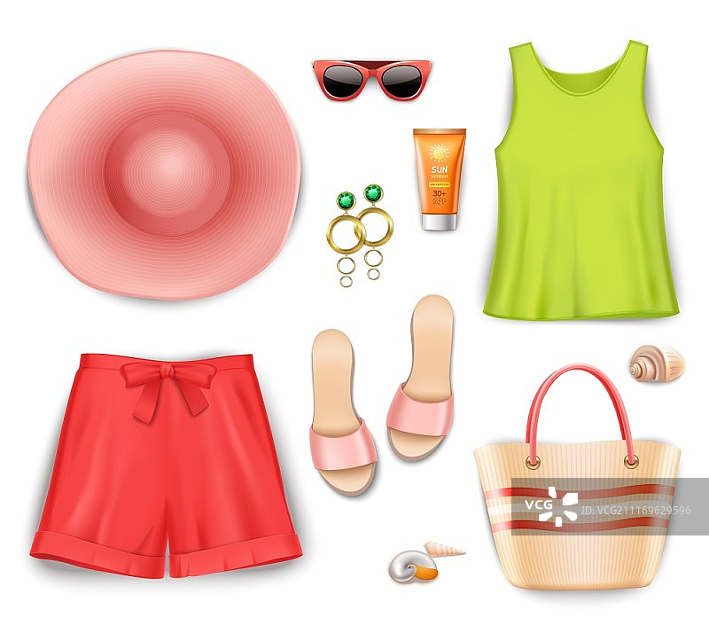 女士海滩服装配饰套装矢量插画图片素材