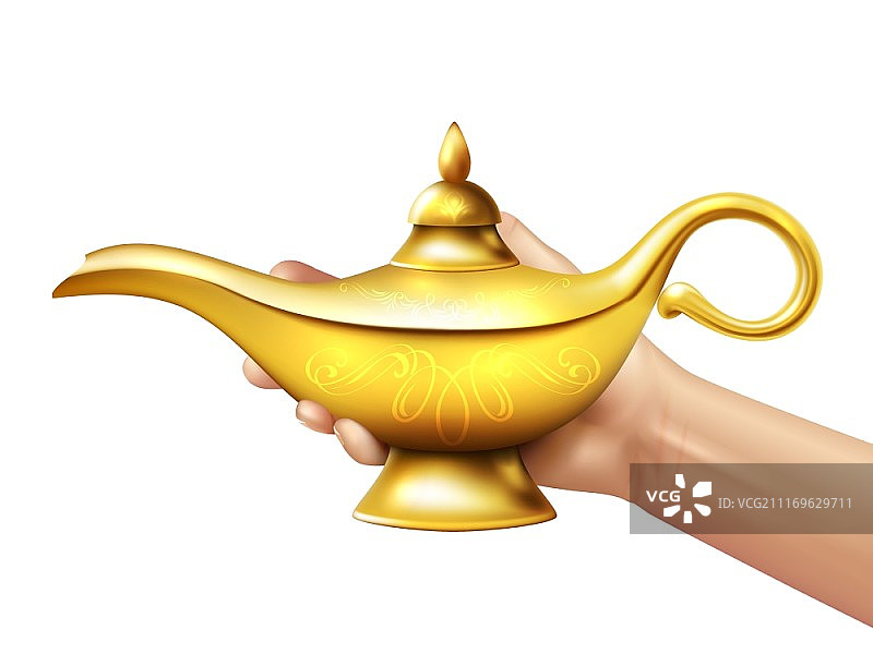 阿拉丁神灯和手部插画，人物手持白色背景的金色阿拉丁神灯矢量图图片素材