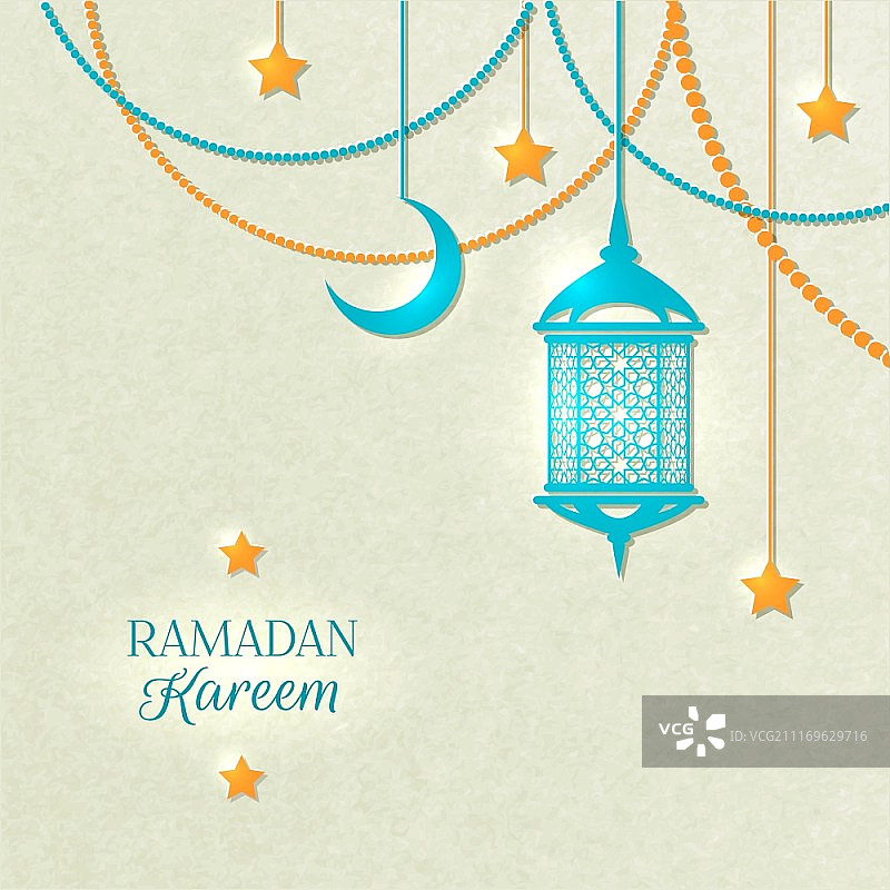 斋月浅色海报。以灰色背景上悬挂在天花板上的珠子、黄色灯和星星为特色的斋月浅色海报矢量图图片素材