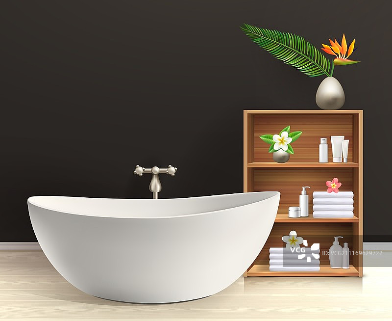 带家具的浴室内部复古风格浴缸海报矢量插图图片素材