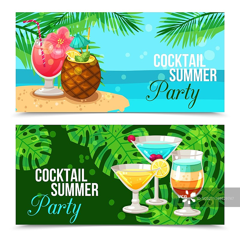 热带鸡尾酒横幅：以棕榈枝为背景的夏日派对鸡尾酒图片素材
