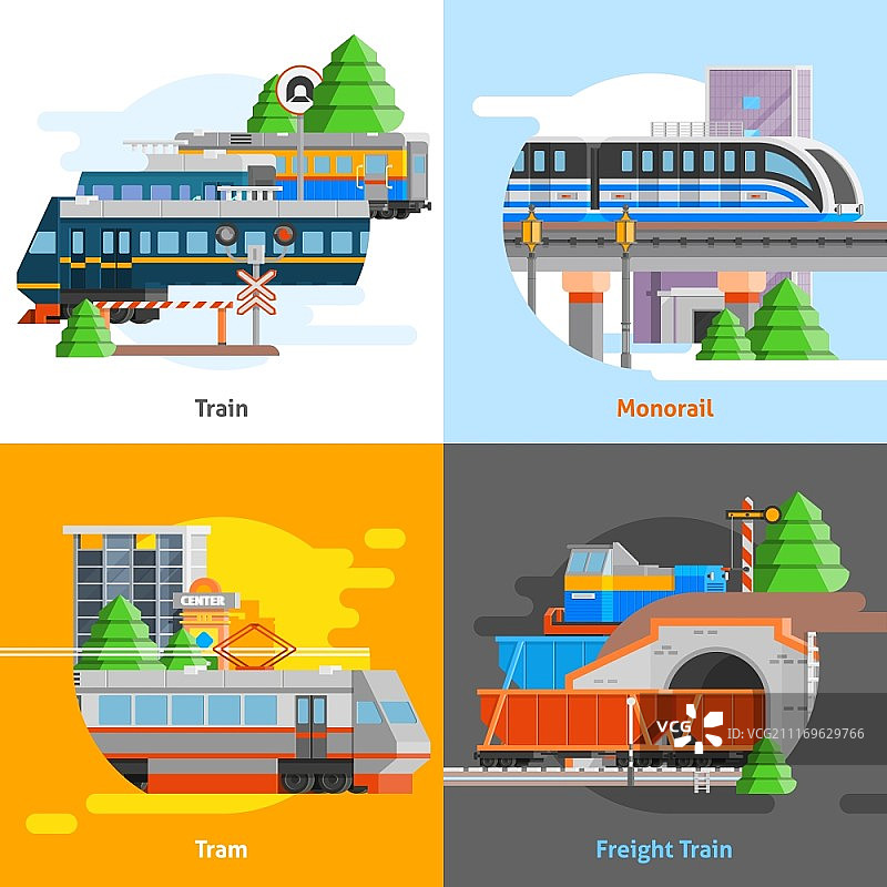 轨道交通客货运列车、单轨与有轨电车扁平矢量插画图片素材